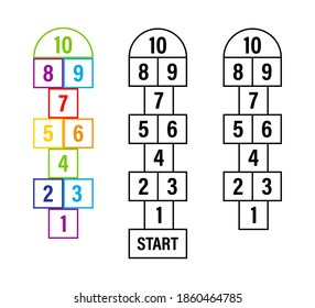 Set of child hopscotch game templates. Vector stock illustration.