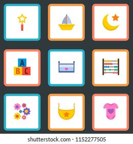 Set of child icons flat style symbols with moon, body dress, magic wand icons for your web mobile app logo design.