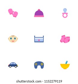 Set of child icons flat style symbols with nip, baby meal, toy car and other icons for your web mobile app logo design.