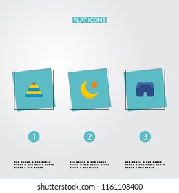 Set of child icons flat style symbols with moon, baby shorts, pyramid and other icons for your web mobile app logo design.