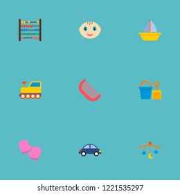 Set of child icons flat style symbols with baby boy, toy car, gloves and other icons for your web mobile app logo design.