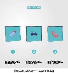 Set of child icons flat style symbols with toy car, baby bottle, baby comb and other icons for your web mobile app logo design.