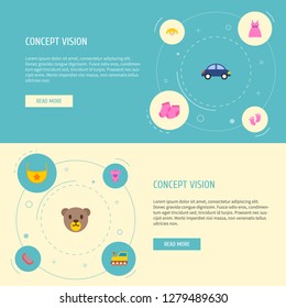 Set of child icons flat style symbols with baby feet, train, toy car and other icons for your web mobile app logo design.