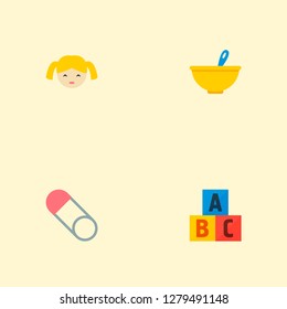 Set of child icons flat style symbols with doll, brooch, baby meal and other icons for your web mobile app logo design.