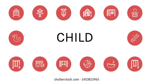 Set of child icons such as Feeding chair, Doll, Scooter, Playground, Monkey bars, Pacifier, Swing, School bus, Duck, Baby tub, Dominoes , child