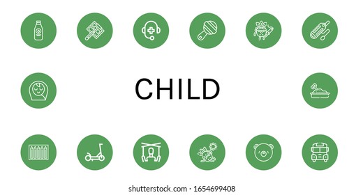 Set of child icons. Such as Milk bottle, Drawing board, Medical support, Rattle, Drawing, Rescue tube, Color pencils, Scooter, Puppet, Sunbathing, Bear, School bus , child icons