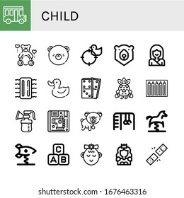 Set of child icons. Such as School bus, Teddy, Bear, Duck, Karate, Inflatable, Dominoes, Crying, Color pencils, Breast pump, Children, Monkey bars, Spring swing horse , child icons