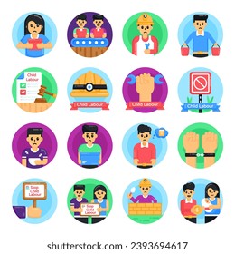 Juego de iconos redondos de trabajo infantil
