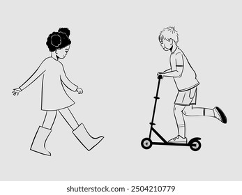 set of child on the scooter. vector illustration ouline