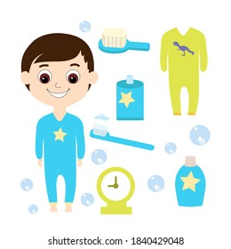 A set of a child in pajamas and items for hygiene, toothbrush, paste, soft comb, table clock, shampoo, bubbles. Vector illustration in flat cartoon style.