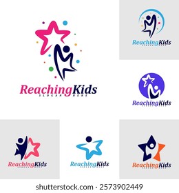 Set of Child reaching stars logo design concept vector. Reaching Stars Logo Design Template. Dream star logo. Creative Symbol. Icon