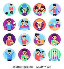 Juego de iconos redondos sobre la esclavitud infantil

