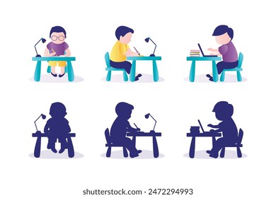 Set of child student at workplace and silhouettes. Little boy doing homework by read and writing on his desk. Education, learning process. flat vector illustration