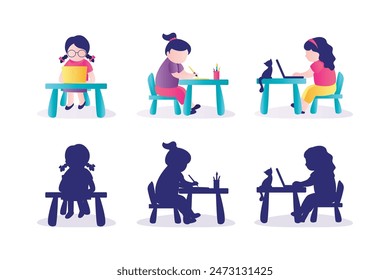 Set of child student at workplace and silhouettes. Little girl doing homework by read and writing on his desk. Schoolgirl sitting at table. Education, learning process. flat vector illustration