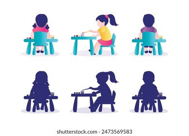 Set of child student at workplace and silhouettes. Little girl and boy doing homework by read and writing on his desk. Schoolchild sitting at table. Education, learning process. vector illustration