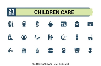 Set of childcare care filled icons. Related to child care, parenting, family, daycare, safety, childhood development. Filled icons collection. Pixel perfect. Vector illustration.