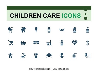 Set of childcare care filled icons. Related to child care, parenting, family, daycare, safety, childhood development. Filled icons collection. Pixel perfect. Vector illustration.