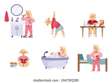 A set of childhood daily morning activities. Cute little girl brushes teeth and takes soapy bath, exercises, has breakfast, makes her bed and reads books. Vector illustrations.