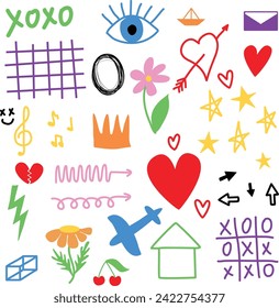 A set of child-inspired doodles. Crown, airplane, flowers, treble clef with notes, stars, hearts, house, arrows, envelope in simple style