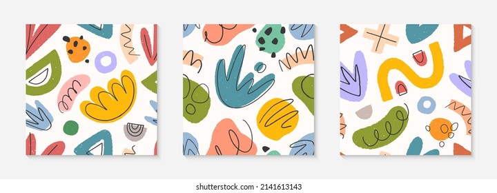 Set of childish abstract seamless pattern.Colorful hand drawn organic shapes,lines,doodles and elements.Vector trendy design for prints,flyers,banners,fabric,invitations,branding,covers and more.