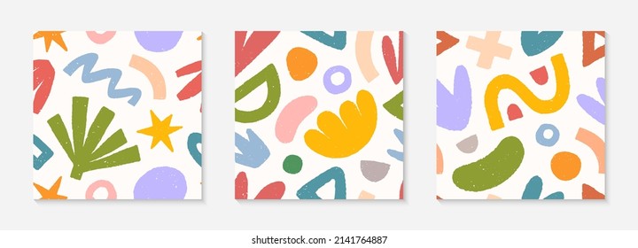 Set of childish abstract seamless pattern.Colorful hand drawn organic shapes,lines,doodles and elements.Vector trendy design for prints,flyers,banners,fabric,invitations,branding,covers and more.