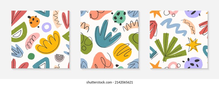 Set of childish abstract seamless pattern.Colorful hand drawn organic shapes,lines,doodles and elements.Vector trendy design for prints,flyers,banners,fabric,invitations,branding,covers and more.