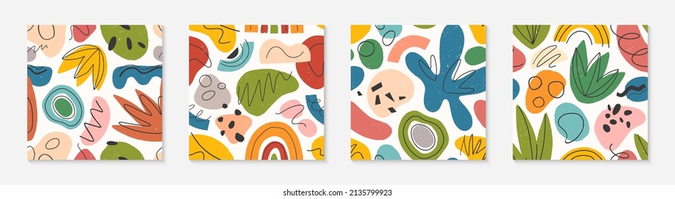Set of childish abstract seamless patterns.Colorful hand drawn organic shapes,lines,doodles and elements.Vector trendy designs for prints,flyers,banners,fabric,invitations,branding,covers and more.