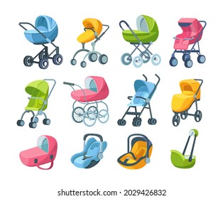 Set of childish automobile armchair for child, infant, newborn baby, folding stroller, buggy, baby carriage, child wagon, infant transport. Car seats for safe movement in vehicles cartoon vector