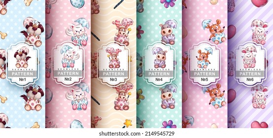 Set childish cartoon character egg animal seamless pattern