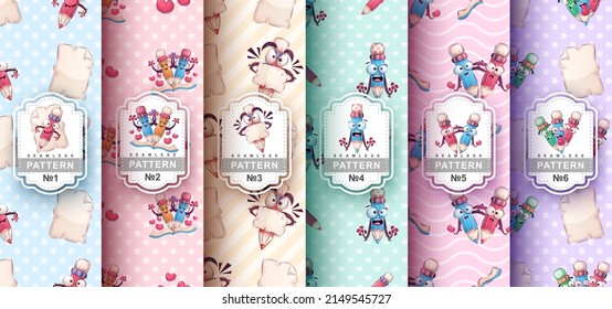 Set childish cartoon character pencil seamless pattern.