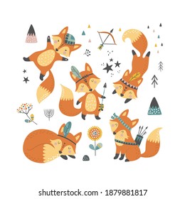 Set of childish cartoon cute tribal foxes. Hand drawn doodle art illustration. Perfect for kids design, fabric, wrapping, wallpaper, textile, apparel