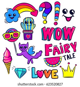 set of childish cartoon elements angel cat, crown for princess, watermelon, ice cream, candy, glasses, sign, cloud with smile fact, cactus  in pots, brilliant, comics text wow, fairytale