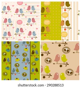 set of childish cartoon vector seamless patterns with birds and nests