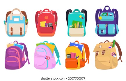 Set of childish colored school backpacks vector illustration. Education and study back to school, schoolbag luggage. Collection of various kids bags with stationery  isolated on white background.