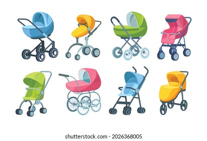 Set of childish colorful folding stroller, buggy, baby carriage, child wagon, infant transport with wheels and handles. Newborn or toddler go-cart for comfortable walking transportation cartoon vector