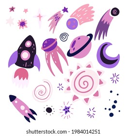 Set of childish cosmos element with stars, moon, shuttle, spacecraft and meteor with decoration. Vector cartoon object of the universe with dots. Vector hand drawn space