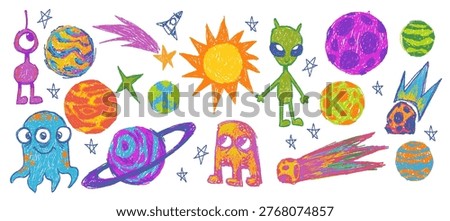Set of childish crayon space objects and aliens isolated on white background. Vector cartoon illustration of funny chalk Earth, doodle stars, alien creatures and spacecraft, comets with burning tails