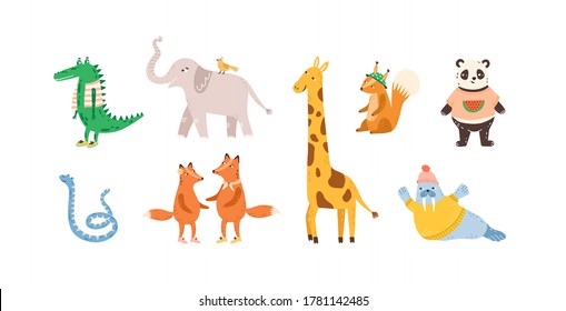 Set of childish cute animal characters. Design, decoration, decorative element. Funny panda, walrus, crocodile, elephant, fox, squirrel, giraffe. Flat vector cartoon illustration isolated on white