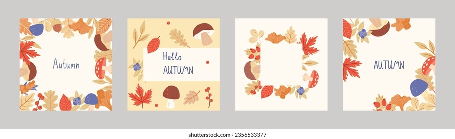 Set childish frame template with floral and forest elements. Suitable for social media posts. Vector autumn background. 