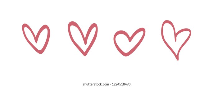 Set of childish hand drawn heart symbols, line art vector design elements, love icon