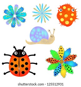 Set of childish hand drawn icons, creatures, flowers