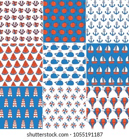 set of childish hand drawn seamless nautical patterns
