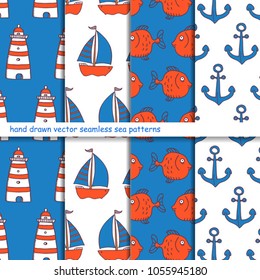 set of childish hand drawn seamless sea patterns