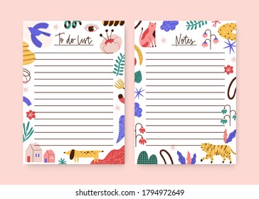 Set of childish notebook, organizer, planner memo page design template. To do list, agenda decorated of cute animals, plants, trendy curve shapes. Flat vector cartoon illustration on white background