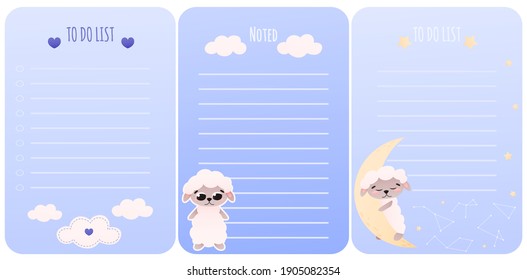 Set of childish notes for planning and organization with cute sheep characters, sweat dreams concept. night stars and clouds design for notes template for diary or memo