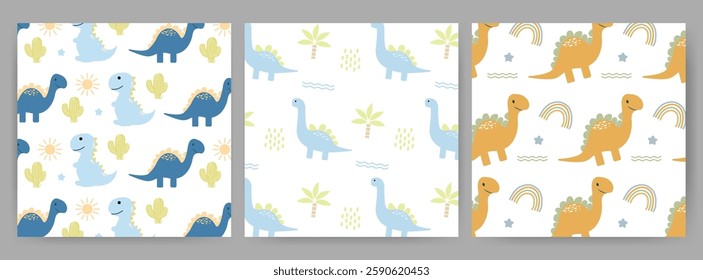 Set of childish pattern with cute dinosaurs seamless pattern for backgrounds, presentations, wrapping papers, prints, artworks. Vector illustration