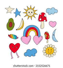 Set of childish retro style elements. Set of stickers. Vector illustration.