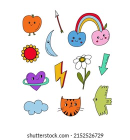 Set of childish retro style elements. Set of stickers. Vector illustration.