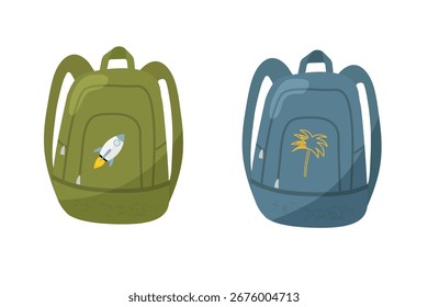 Set of childish school backpacks. Closed student backpack. Vector illustration