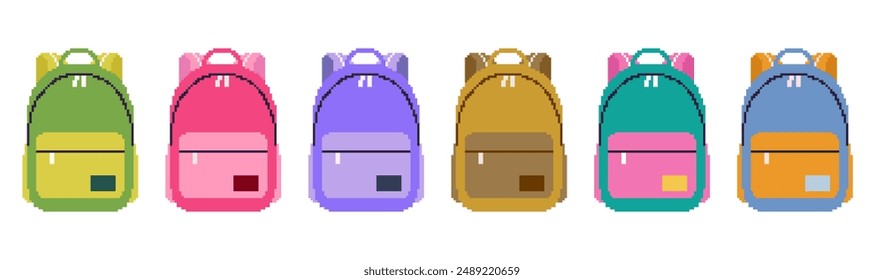 Set of childish school backpacks Pixel art style. Schoolbags icon 8 Bit texture. Game logo signs for education concept. Vector illustration